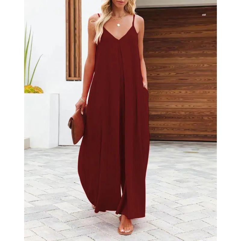 

Casual Jumpsuit European and American Sling Wide Leg Pants Women Summer New Solid Pocket Casual Jumpsuit Burgundy L