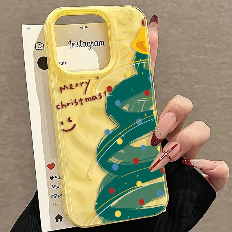 Case For iPhone 16 15 14 13 12 11 17 Pro Max Plus Cartoon Christmas Tree Folds Texture Soft Phone Cover For iPhone 17 Air Funda