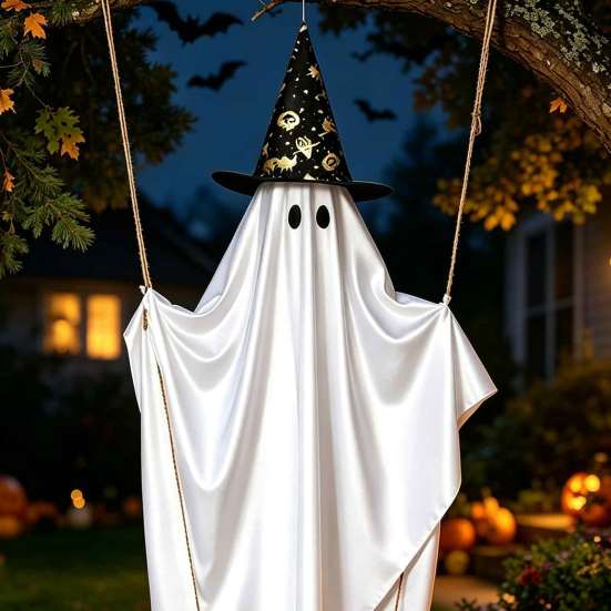 Lighted Spooky Ghost Decor Halloween Swing Hanging Decoration, Witch Hat Ornament with LED Battery Powered String Light, Remote Control Light-up