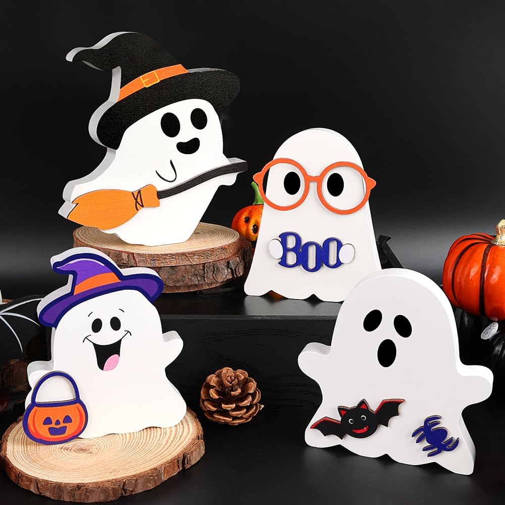 AKEROCK Cute Halloween Decorations Indoor - Halloween Decor/Ghost Decor, 4 PCS Wooden Ghost Halloween Signs for Table, Office Desk, Tiered Tray,