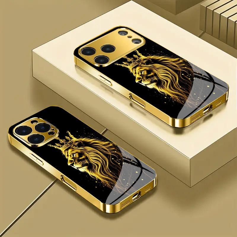 Crown Golden Lion Print Metallic Tempered Glass Phone Case For iPhone 18 17 16 15 14 13 12 11 Pro Max 14 Plus 17 Air 16E Cover