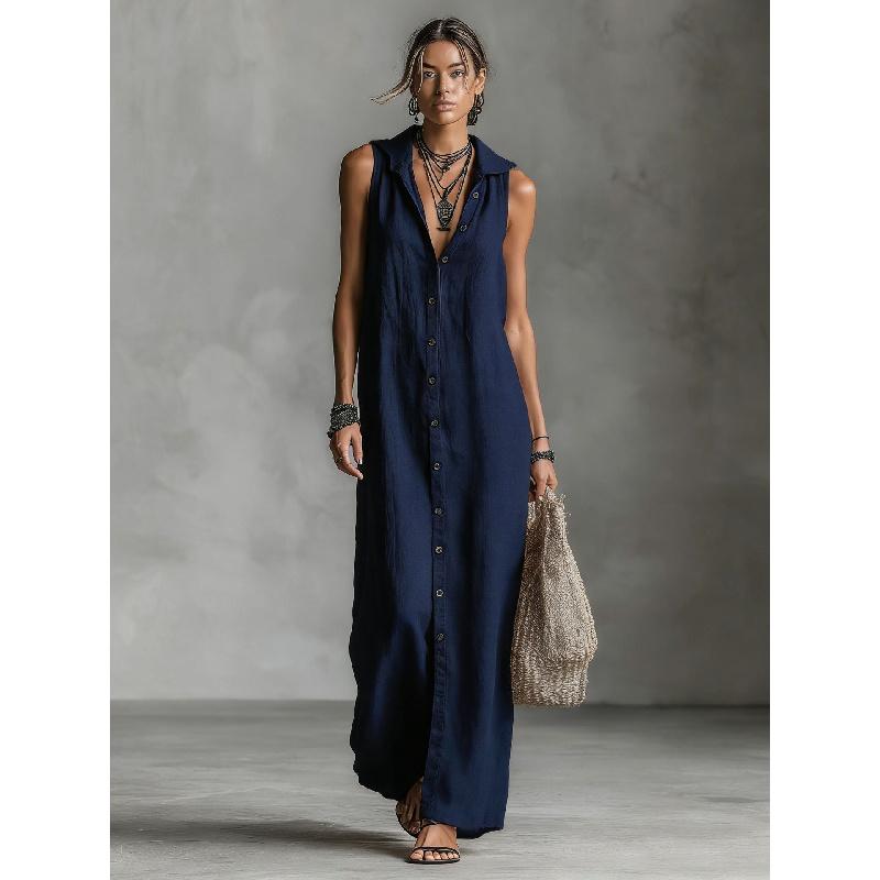 2026 New Women's Casual Loose Sleeveless Long Dress with Single-Breasted Buttons and Fashionable Hood