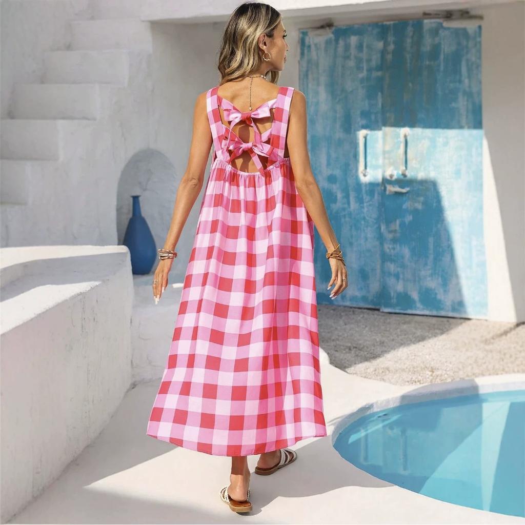 2026 Summer European and American New Plaid Long Skirt Beach Vacation Casual Vest Dress