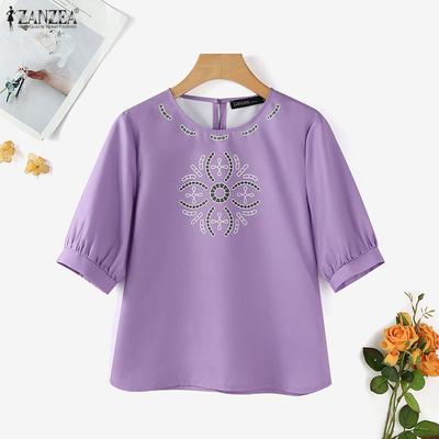 Women Casual Round Neck 3/4 Sleeve Loose Print Blouse