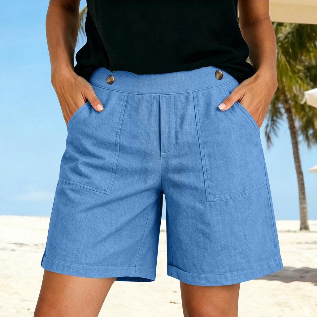 Weiche Shorts aus Baumwollleinen für Damen, Taschen, weicher Knopfverschluss, kein Reißverschluss, schmale Passform