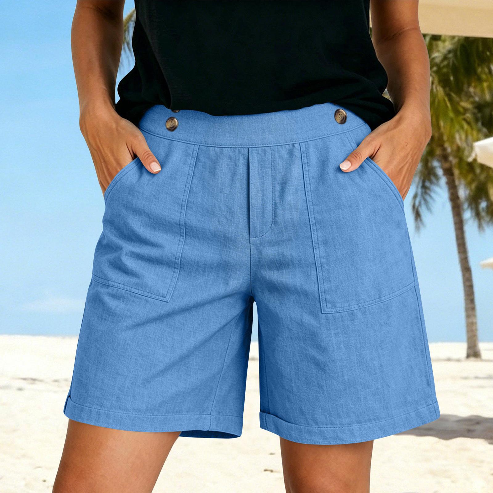 Women s Soft Cotton Linen Shorts Pockets Soft Button Closure No Zipper Slim Fit Shorts M