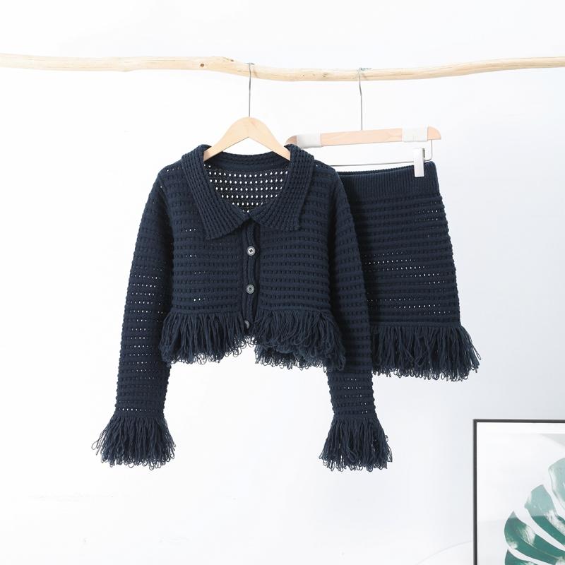 

Сексуальный трикотажный топ с кисточками, юбка, женский комплект, однобортный топ с длинным рукавом и лацканами, плиссированные мини-юбки 2025 года, модный однотонный женский костюм XL темно-синий