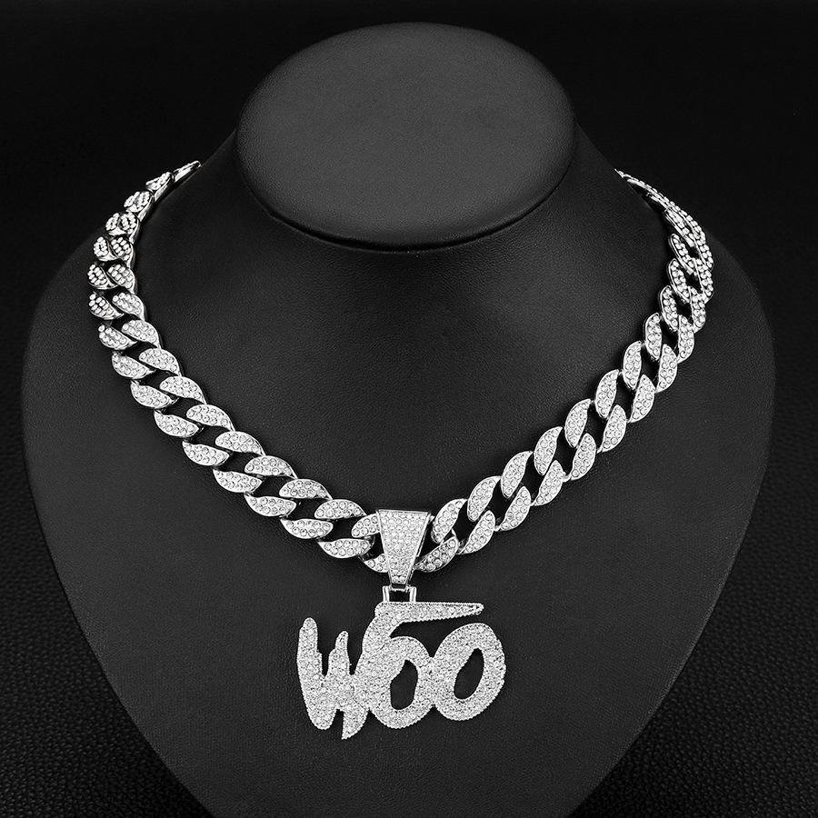 

Trendy Men s Hip-Hop WOO Diamond Letter Pendant Cuban Necklace