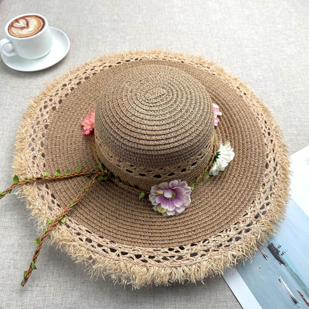 Summer big brim sun hat women's fashion ins seaside sun protection straw hat pastoral pearl face small sun hat