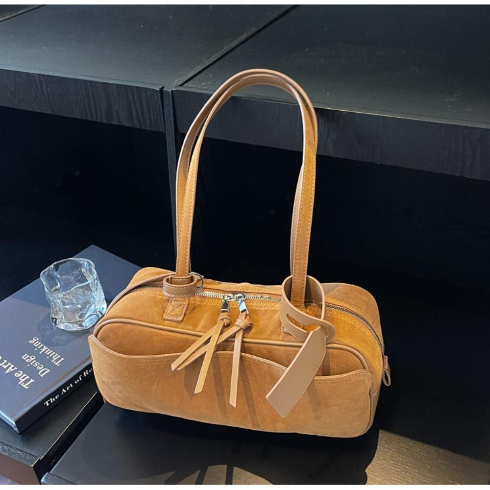 

Fashion PU Leather Shoulder Bag Pure Color Suede Tote Handbag Large Capacity Boston Bag Women коричневый