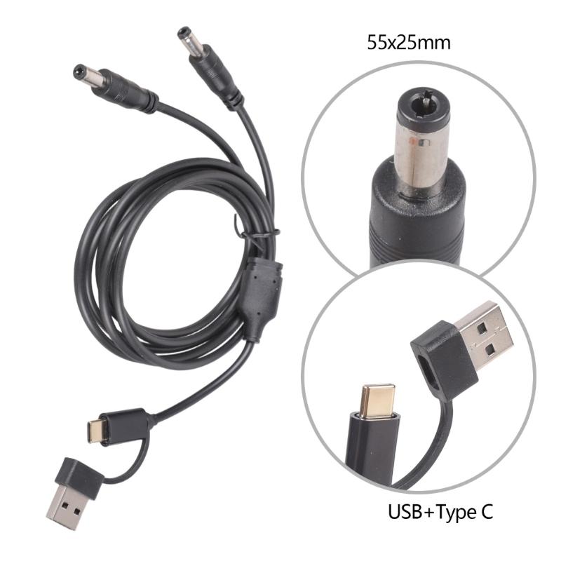 Double Output 5.5x2.5mm Charging Cable With USB A And Type C Connectors Input Support 5V 3A 1M Length Black