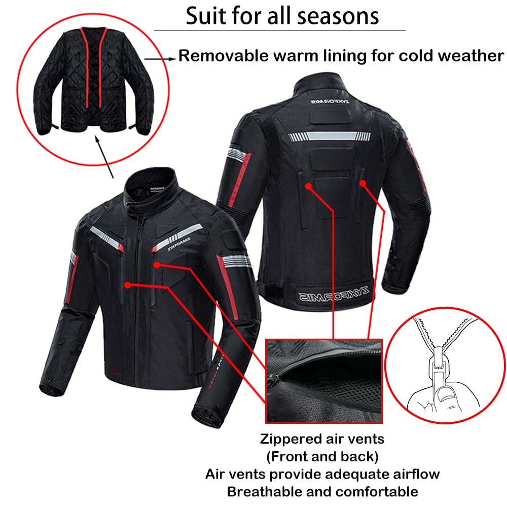 [Zyxformis] Men's Motorcycle Jacket, All Season, Waterproof, Cold-Resistant, with CE Standard Protectors, Removable Thermal Liner, Breathable Ventilat