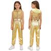 Kinder Mädchen Hip-Hop Jazz Tanzkostüm Ärmellos Rückenfrei Reißverschluss vorne Funkelnde Pailletten Kapuze Crop Top mit elastischem Bund Metallische Hose