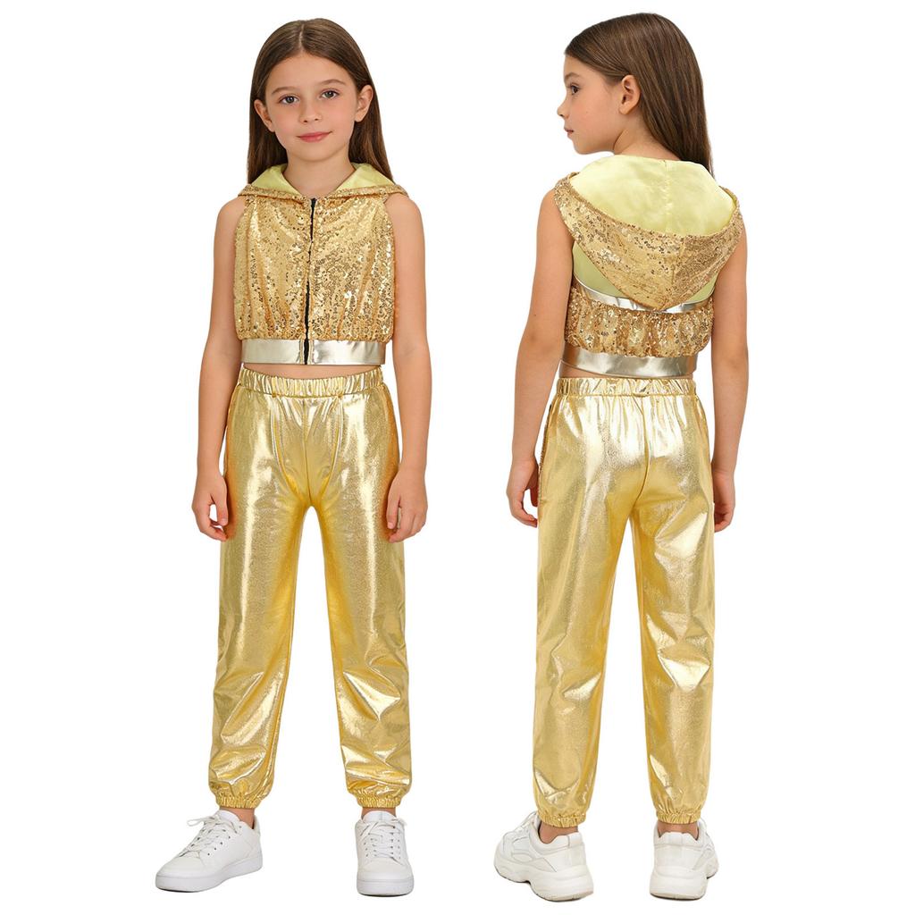 Kinder Mädchen Hip-Hop Jazz Tanzkostüm Ärmellos Rückenfrei Reißverschluss vorne Funkelnde Pailletten Kapuze Crop Top mit elastischem Bund Metallische Hose