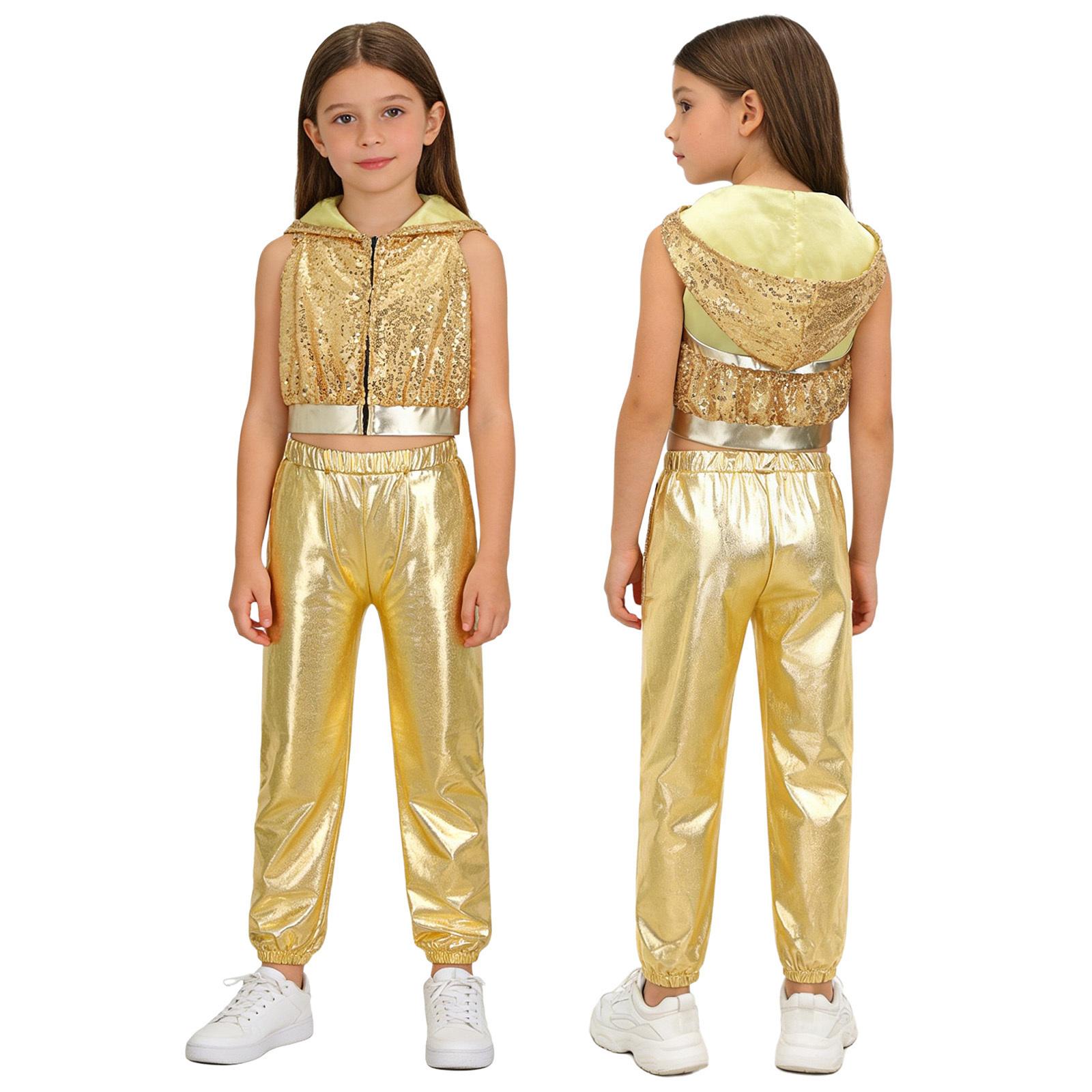 

Girls Hip-Hop Jazz Dance Set: Sleeveless Backless Front Zipper Hooded Crop Top with Sparkling Sequins & Elastic Waist Metallic Pants 7-8 Years золотий