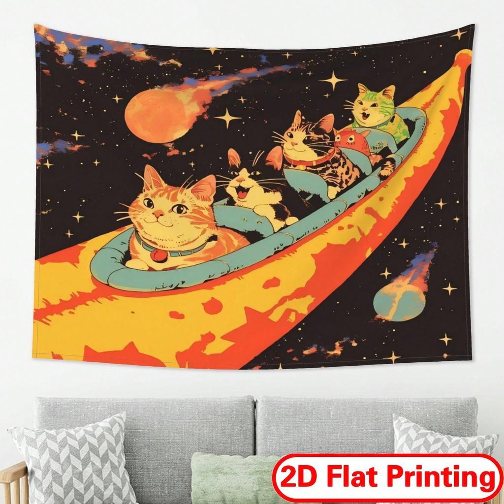 Space Cats Roller Coaster Tapestry Retro Cartoon Astronaut Kitten Print Wall Hanging for Kids Bedroom Dorm Decor