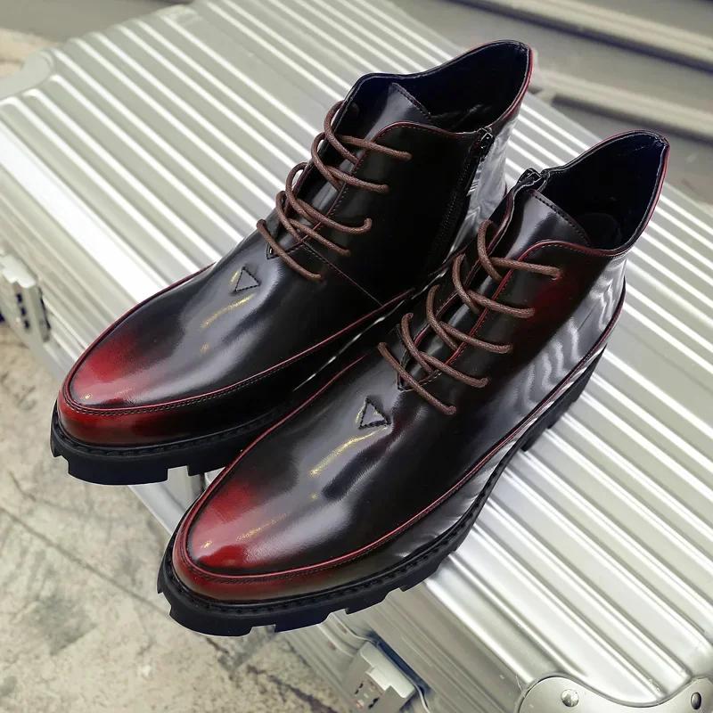2024 Patent Leather Glossy High Top Pointy English Style Inside Heightening Men's Shoes Zipper Rivets Casual Leather Shoes