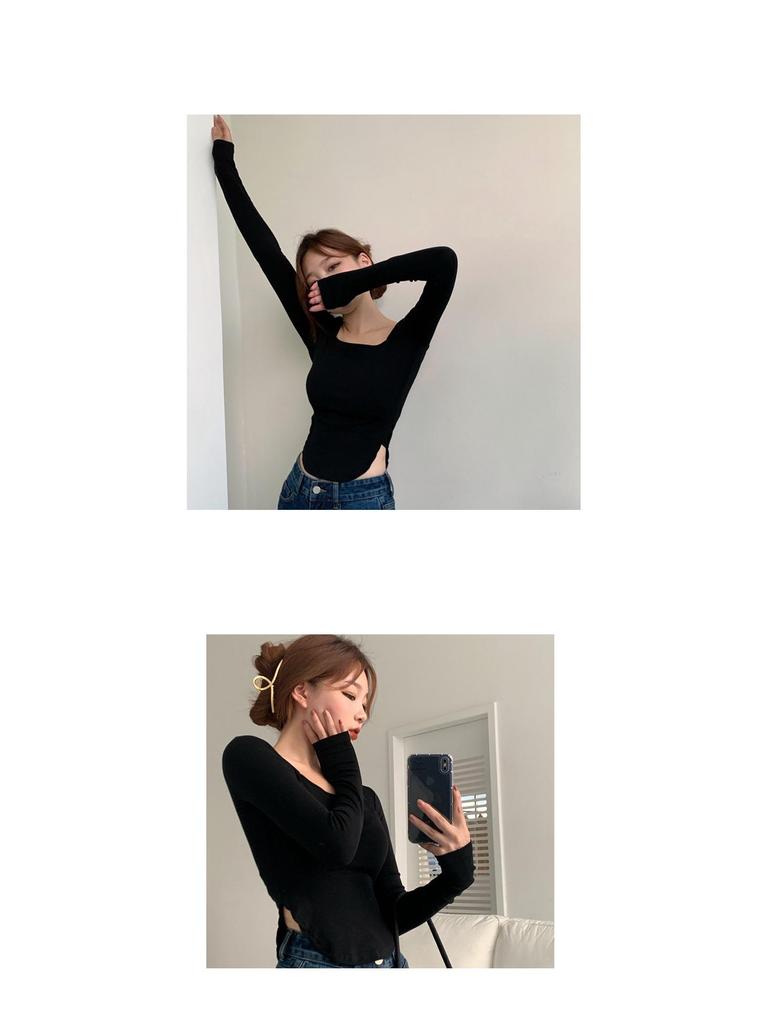 Women's Slim Fit Curved Hem Long Sleeve Square Neck T-Shirt