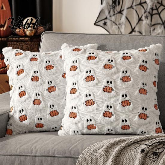 Soft Short Plush Fabric Halloween Ghost Cushion Cover, Throw Pillow Case, 18x18 Inches Pumpkin Holiday Gift for Home Bat Cover Sofa Couch Bed