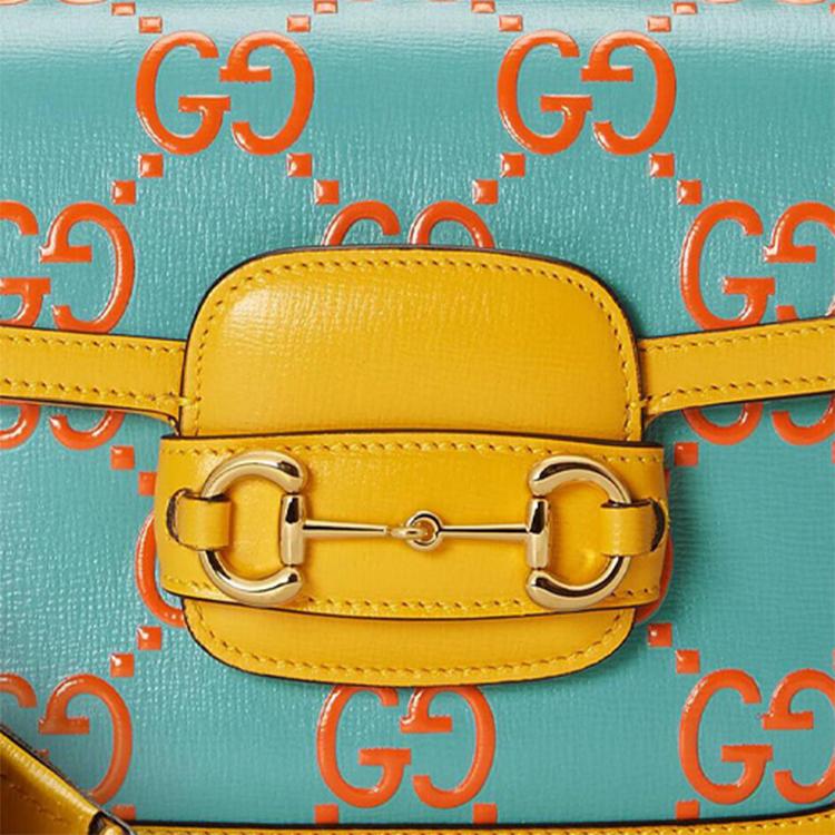 Gucci 1955 Series Vintage Gold Buckle Logo Saddle Bag Leather Crossbody Shoulder Bag Mini Unisex bags Light-Blue Orange 658574-UGMCG-4283