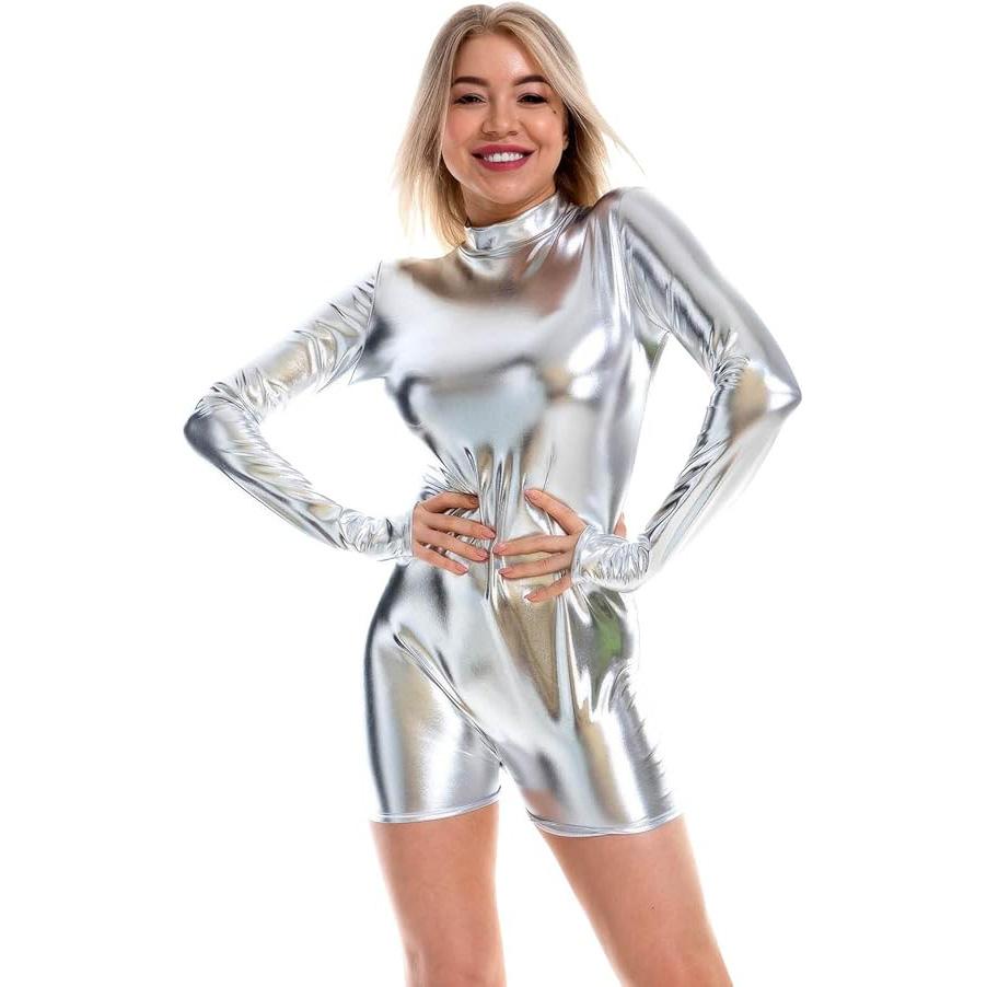 Women's  Long Sleeve Tracksuit Trousers Sexy Shiny Bodysuits Jumpsuit for Party Club