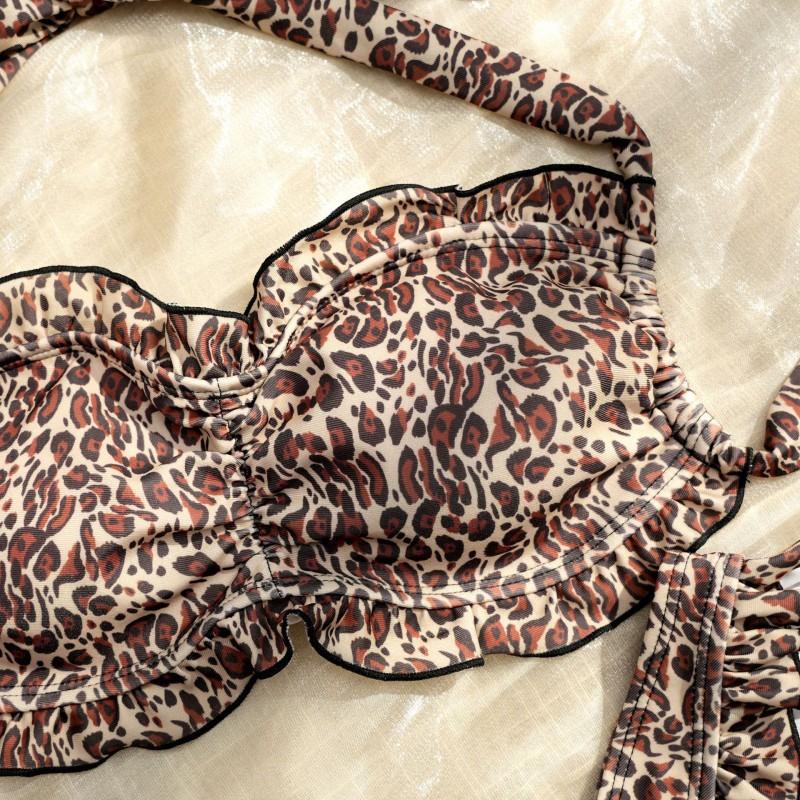 Bikini Three-piece Leopard Print Beach Wrap Skirt Sunblock Sexy Backless Swimsuit Bra