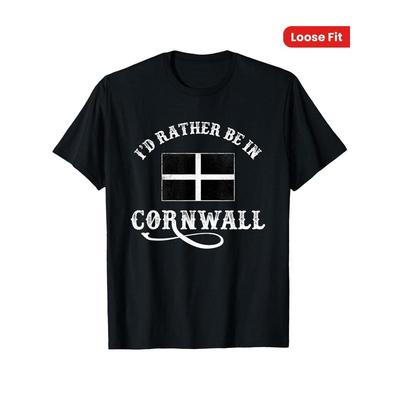 Heren Cornish Vlag Grafisch T-shirt - Zwart met Tekst 'I'd Rather Be in Cornwall' - Losse Pasvorm Ronde Hals Casual Dagelijks Shirt - Cornwall Trots Kleding