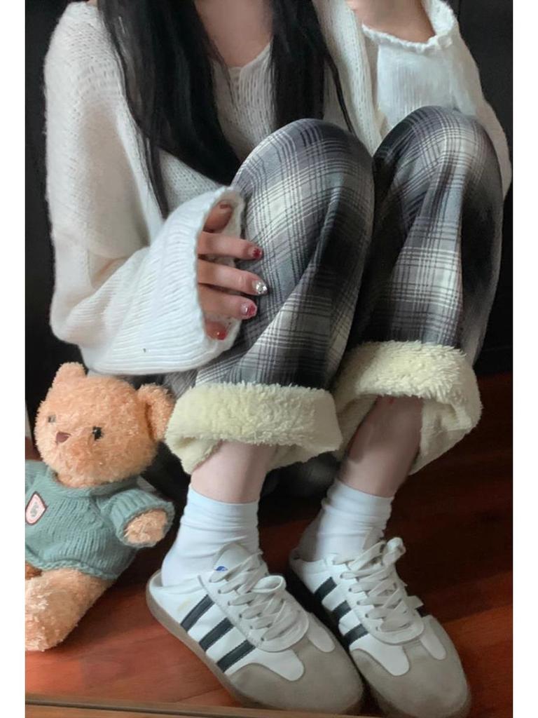 Women's High-Waisted Fleece-Lined Wide-Leg Plaid Pants for Autumn and Winter