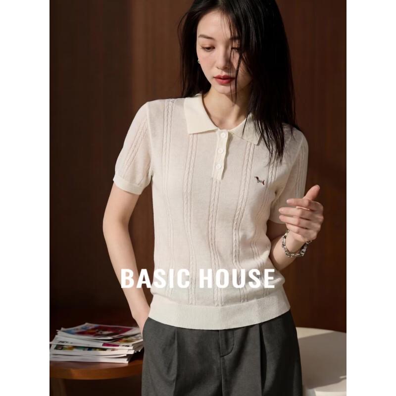 Basic House Women s Tencel Embroidered Short-Sleeve Polo Knit Top M