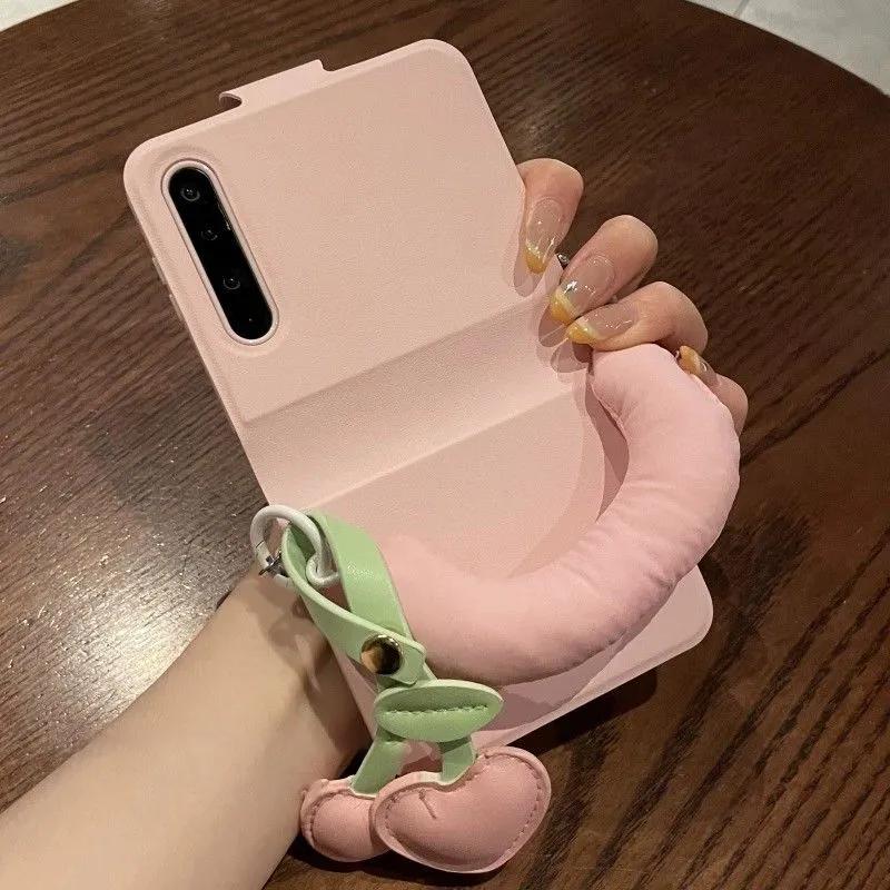 Book Style Pink Case for Samsung Z Flip6 zflip5 OPPO Find N3 N2Flip/Xiaomi Mix Flip2 Casing Cover Cute Cherry Pendant
