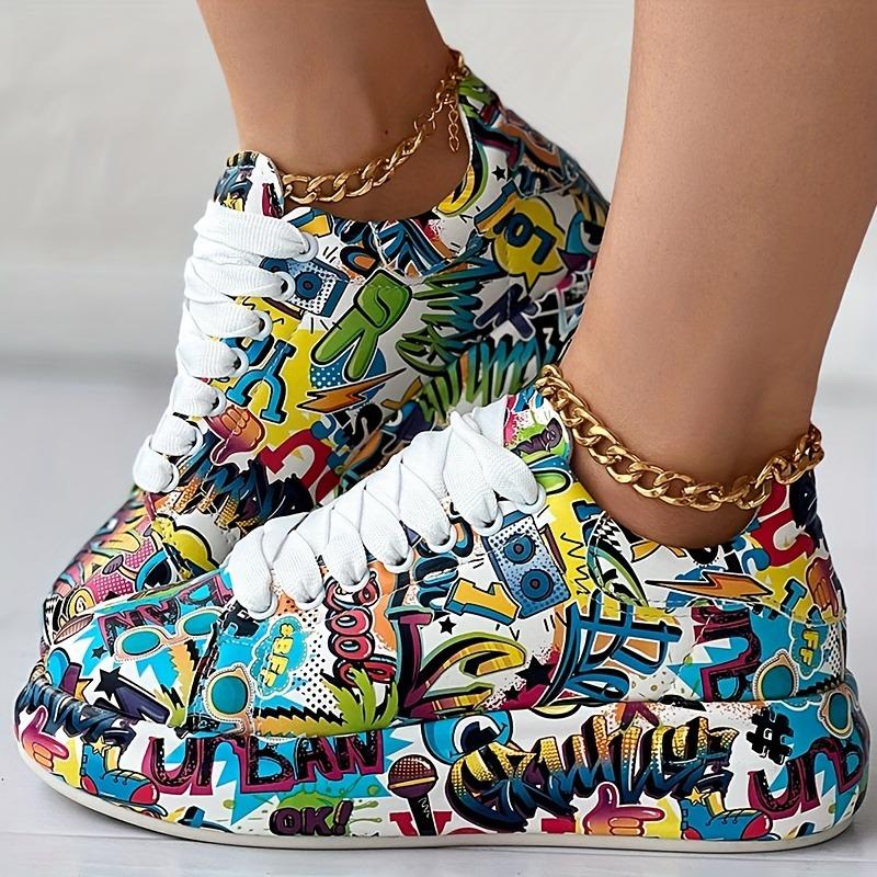 Colorful Pops Shoes Female Tide Autumn New Printing Graffiti Large Size Casual Single Shoes Female