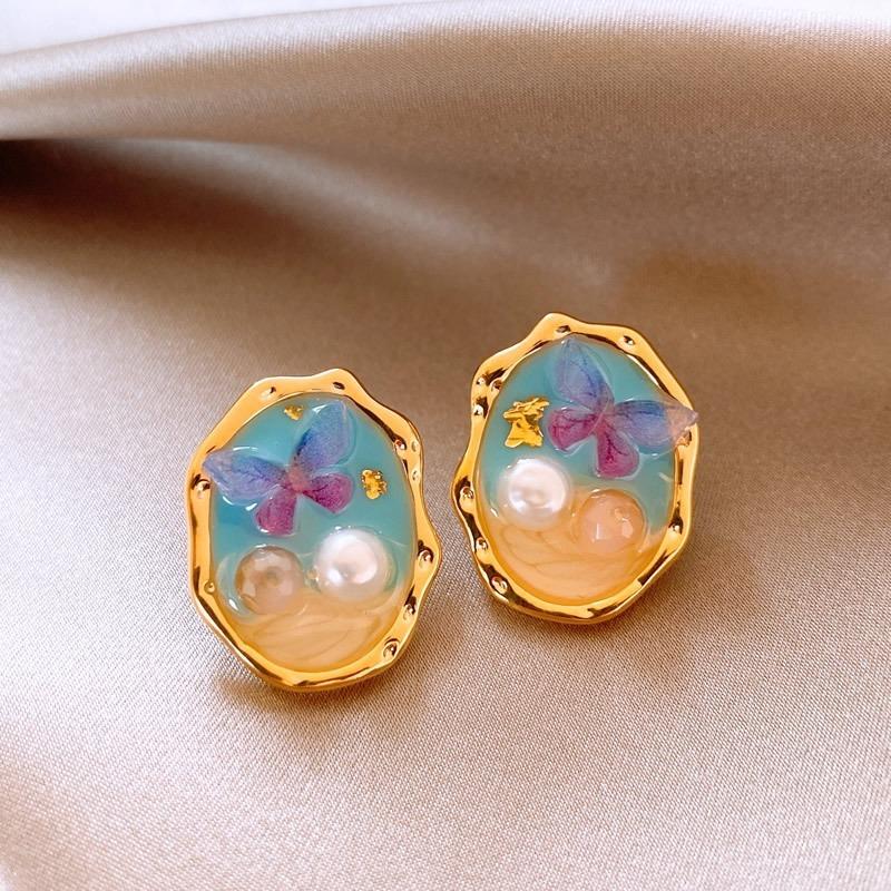 Monet garden oil painting style love flower pearl earrings fashion temperament stud earrings French sweet small fresh earrings