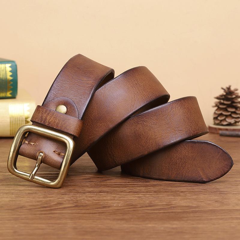 Retro-style Trendy Men's Leather Belt with Pin Buckle, Pure Cowhide, Simple and Versatile, Perfect for Jeans