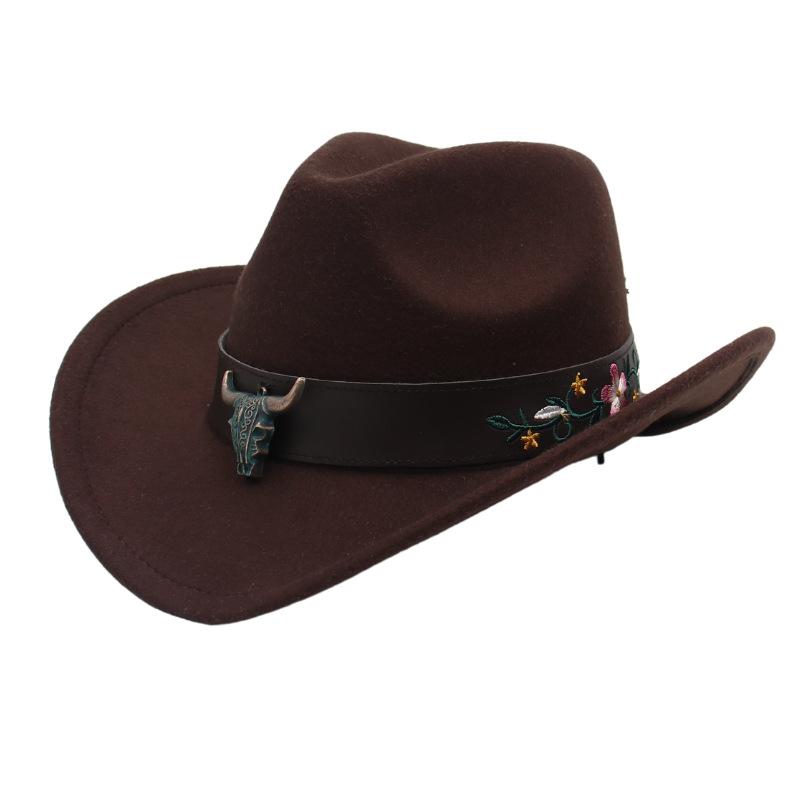 Western Cowboy Hat Tibetan Ethnic Top Hat Bull Head Flower Belt Accessories Felt Hat Curled Hat