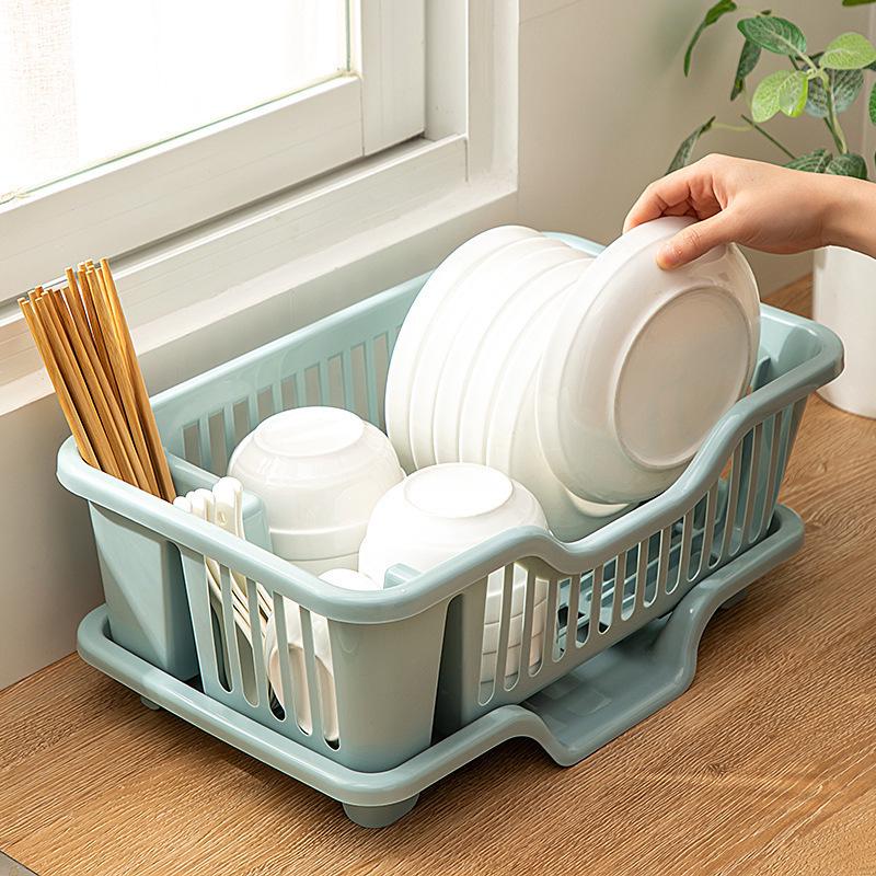 Multifunctional Kitchen Storage Rack: Partitioned Organizer for Bowls, Dishes, and Utensils with Built-in Drainer and Thickened Storage Box