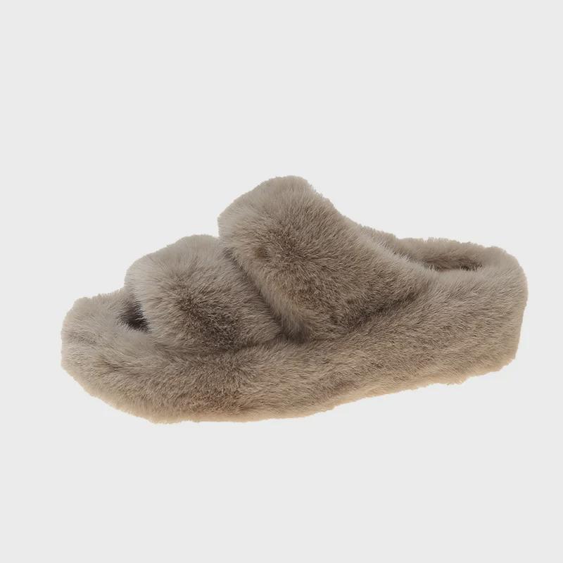 Női Vastag Talpú Szőrmés Papucs - Dupla Csíkos, Ferde Szájú, Őszi/Téli Melegség