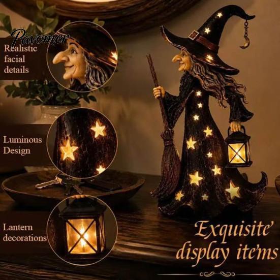Resin Witch Statue 2Pcs Halloween Night Lamp, Holding Lantern Figurine with Atmosphere Lights LED, Glowing for Tabletop Decor