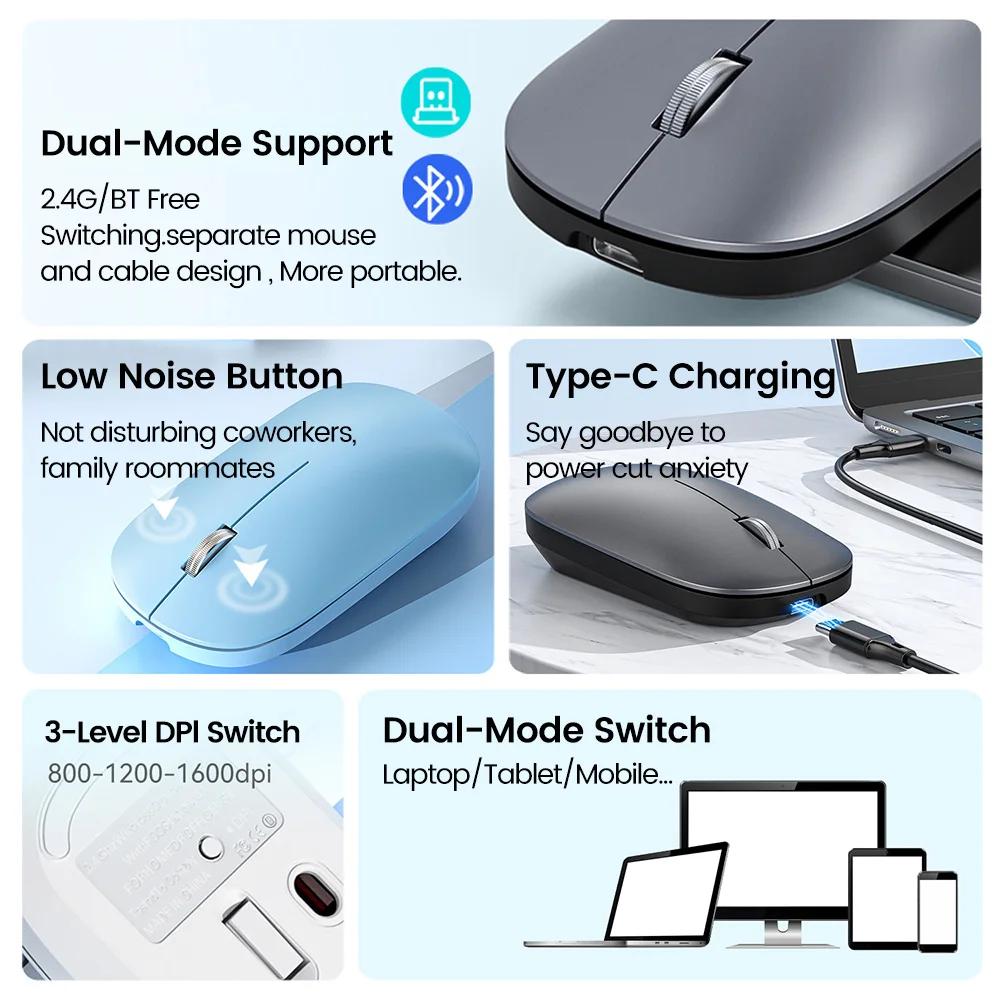 2.4G Wireless Bluetooth Mouse Dual Mode 1600DPI Adjustable 2.4G Type-C Rechargeable Mice Silent Ergonomic Portable Office Mouse