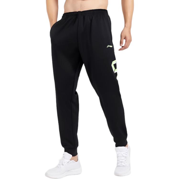 Li-Ning Sports Fashion Series Letter Print Drawstring Cuffed Mid-Waist Knitted Sports Pants Men bottoms Standard-Black YKLU275-3