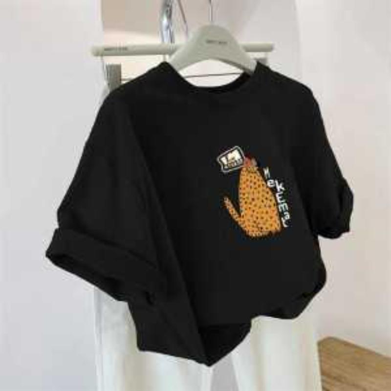 Reine Baumwolle Retro Locker Oberteil Pendler Kätzchen Kurzarm T-Shirt für Damen