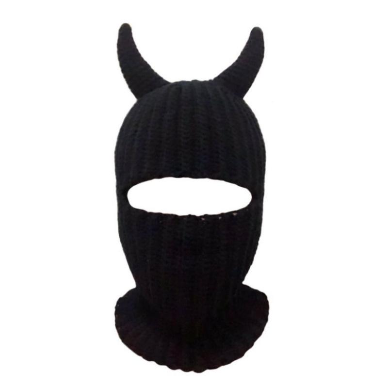 Y2K Style Crochet Halloween Party Cow Horn Parent-Child Ski Mask Hat