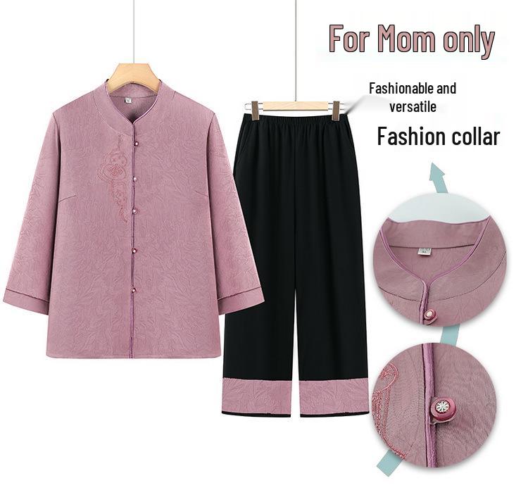 Mother's Summer Tang-Style Two-Piece Set: Seven-Sleeve Shirt & Top for Middle-Aged & Elderly Ladies