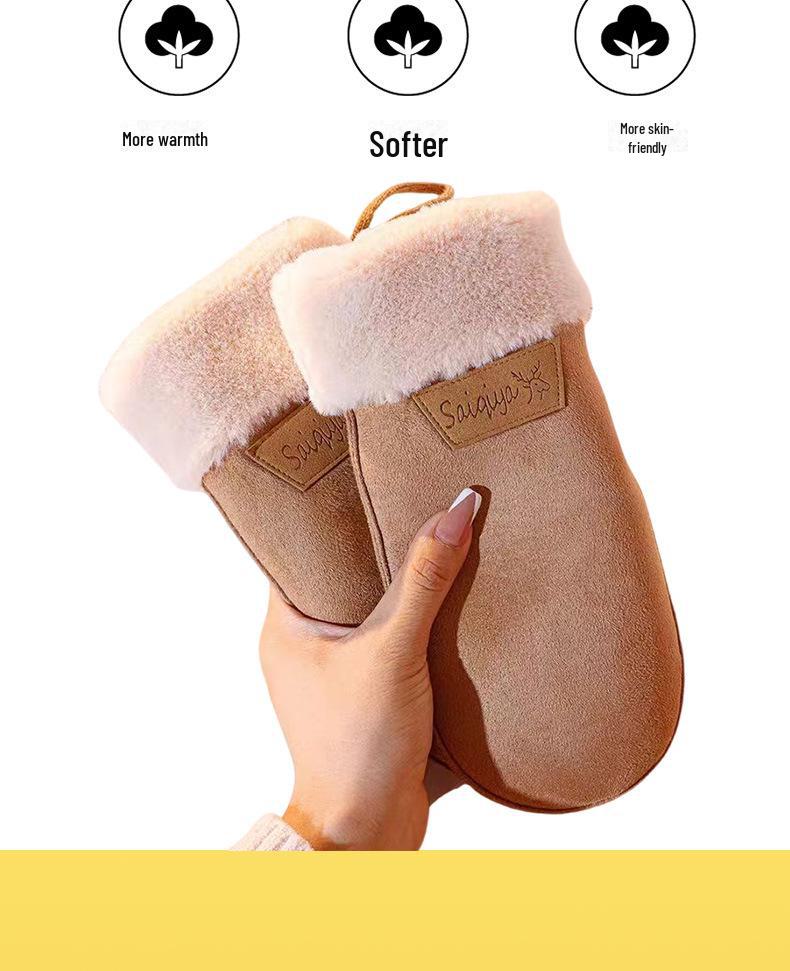 Women's Suede Winter Gloves, Warm and Windproof with Velvet and Hanging Neck Design.