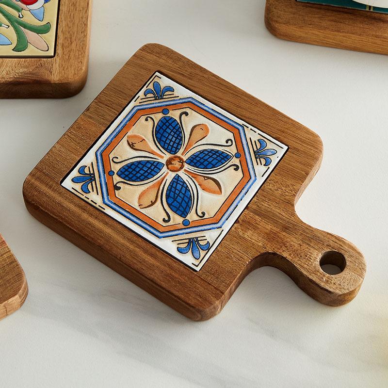 Wood and Ceramic Cutting Board Colorful Tile Trivet Mediterranean Appetizer Board Handmade Kitchen Decor