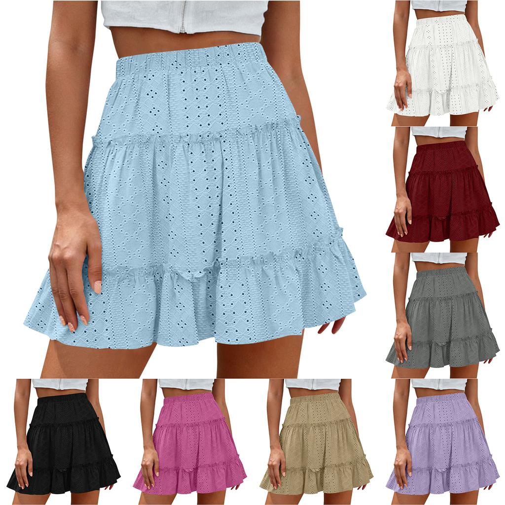 Women’s High Waist Tiered Mini Skirt with Elastic Waistband and Eyelet Embroidery Flared A-Line Design for Casual Wear