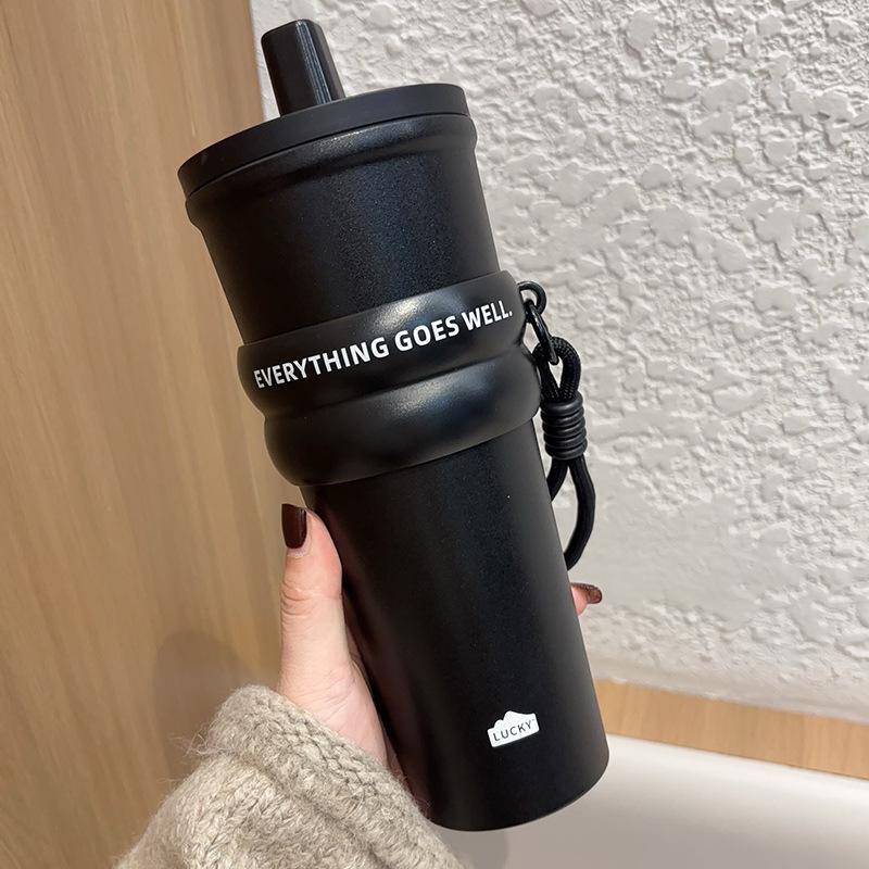 710ml Mode Edelstahl 304 Thermoskanne mit Strohhalm Auslaufsicher Kaffee Tee Kaltgetränk Auto Thermoflasche Reisebecher