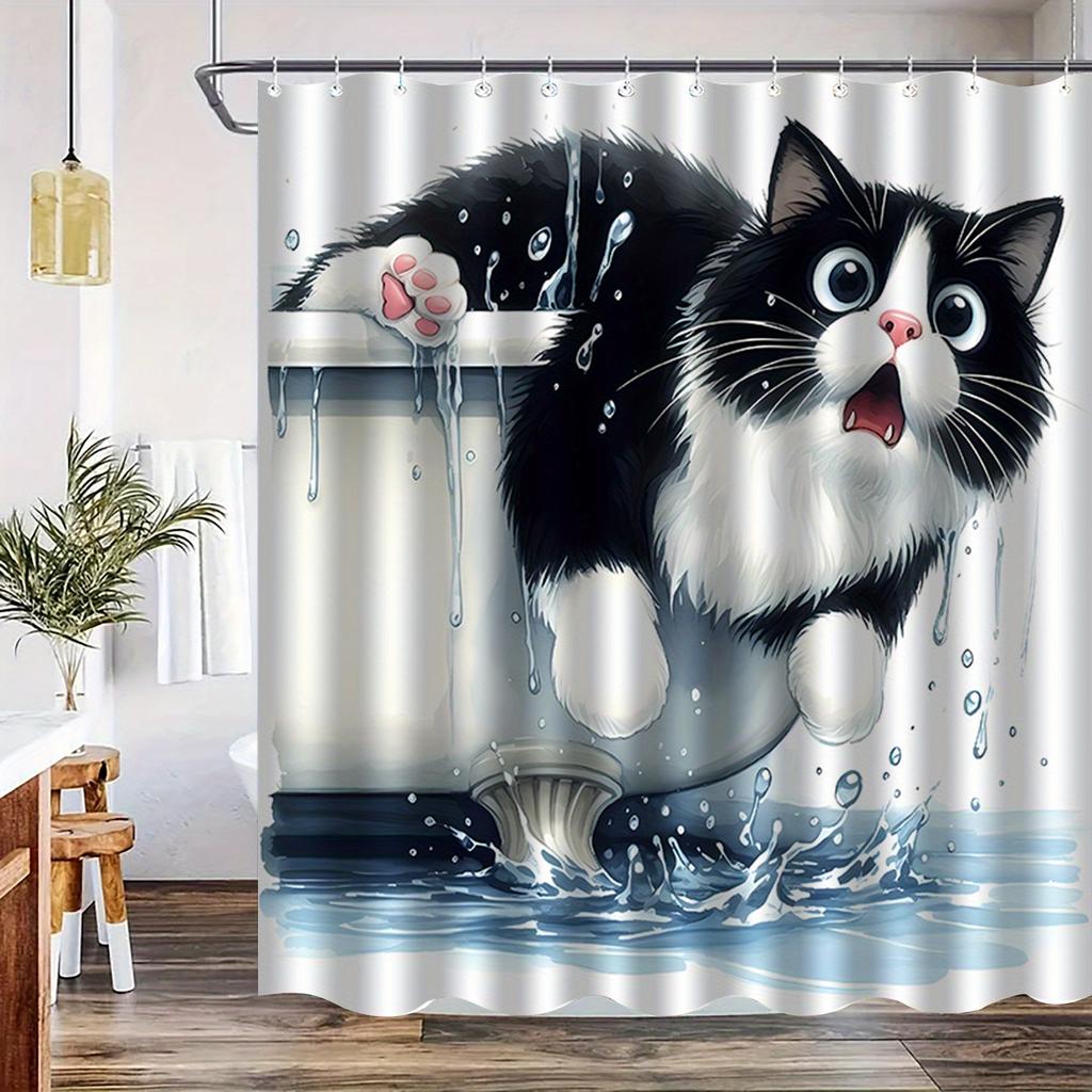 Cute Black And White Cat Shower Curtain Cat Falling Into Water Splash Humor Art Pet Lover Decor Waterproof Fabric Bath Curtain