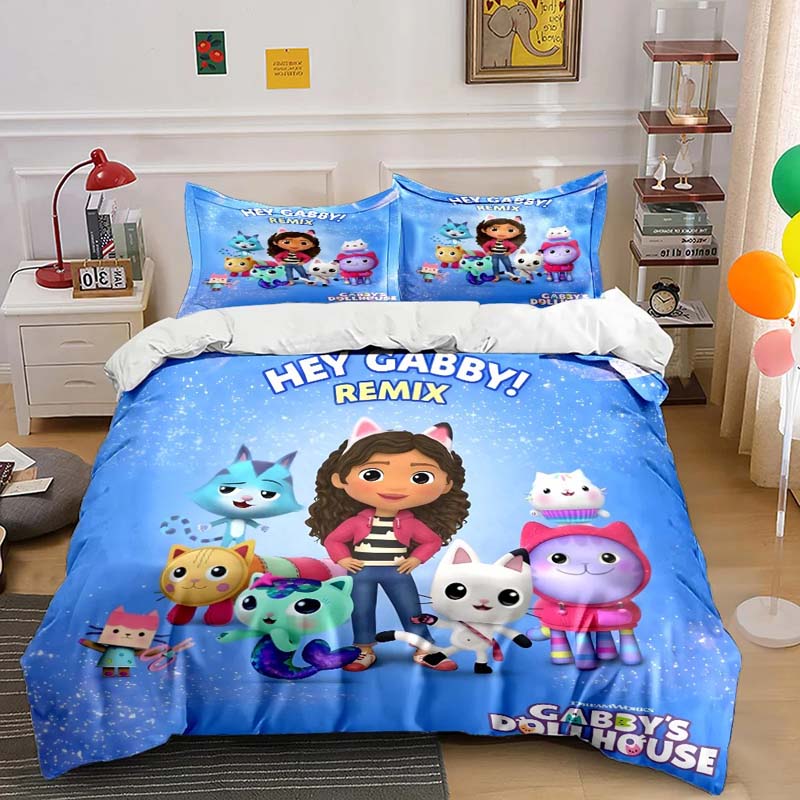 G-Gabby Cartoon Dollhouse Bedding Set Printed Bed Set Duvet Cover Sheet Pillowcase Bed Soft Quilt Cover Full Queen King Size