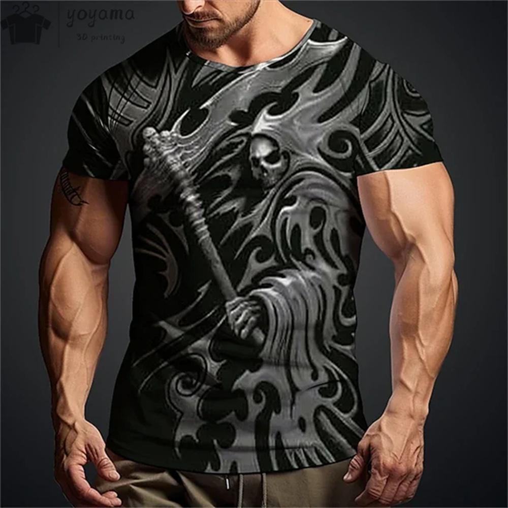 Summer Round Neck 3D Vintage Horror Skull Pattern Print Top Fashionable Casual Short Sleeved Men's T-shirts