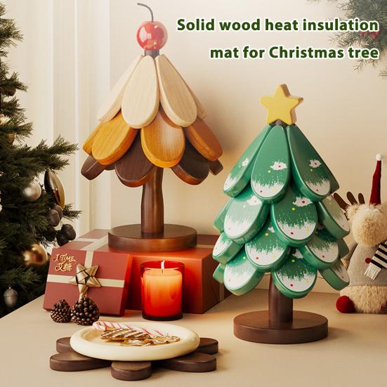 Christmas Tree Trivet Mats Set Heat-Resistant Wood Tripod Pot Holder Stain Resistant Table Protectors for Kitchen Dining